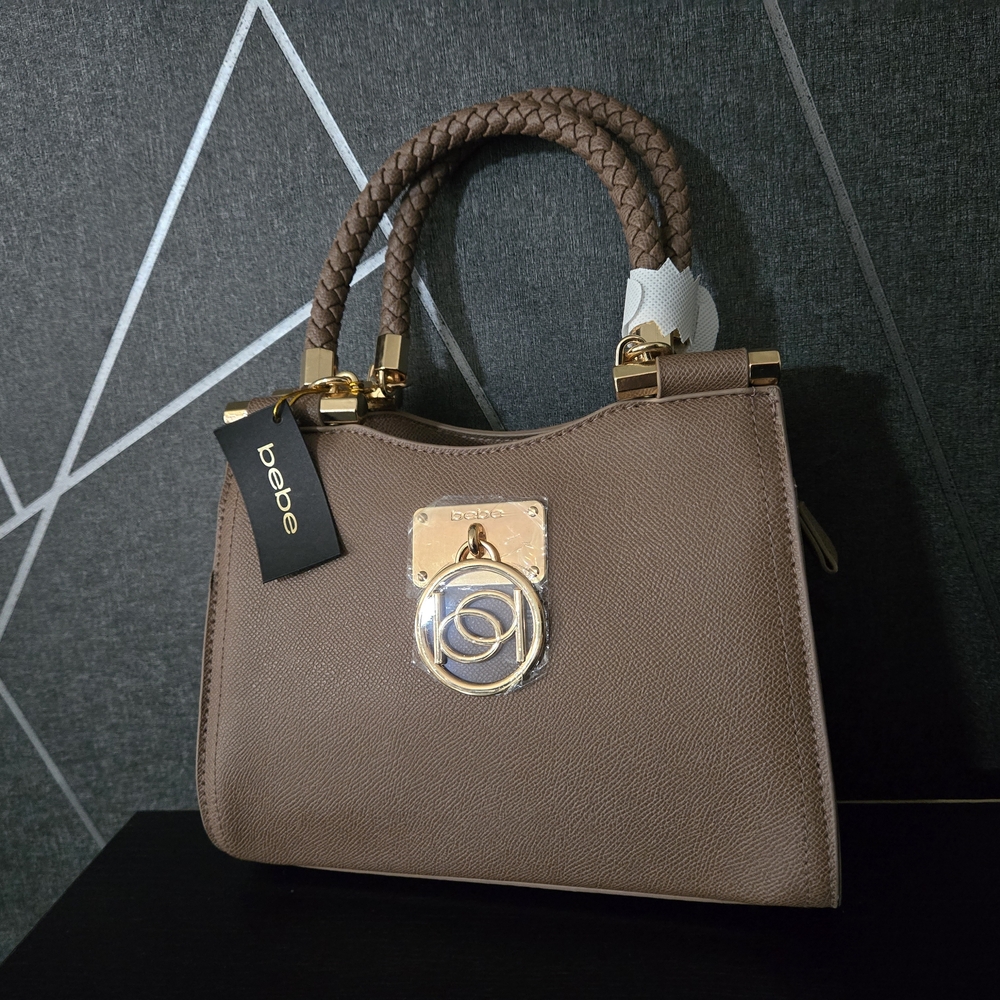 bebe Taupe Braided-Handle Satchel with Gold-Tone Accent